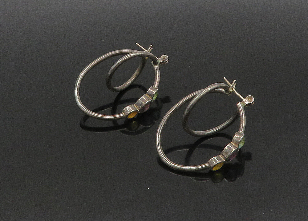 925 Sterling Silver  Vintage Topaz Amethyst & Citrine Hoop Earrings  EG11412