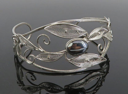 925 Sterling Silver  Faceted Hematite Filigree Floral Cuff Bracelet  BT3467