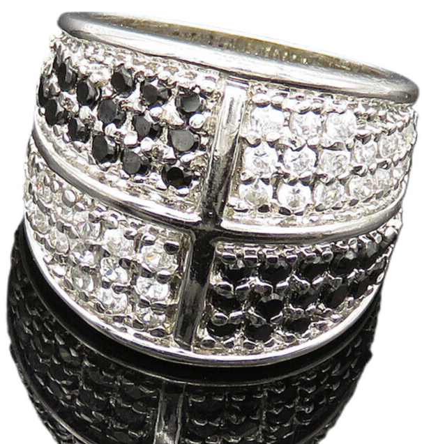 925 Sterling Silver  Vintage Cubic Zirconia & Hematite Band Ring Sz 6  RG20426