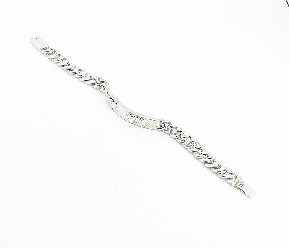 MEXICO 925 Sterling Silver  Vintage Love Heart Bar Curb Chain Bracelet  BT2734