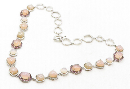 925 Sterling Silver  Cabochon Quartz & Genuine Diamonds Chain Necklace  NE2132