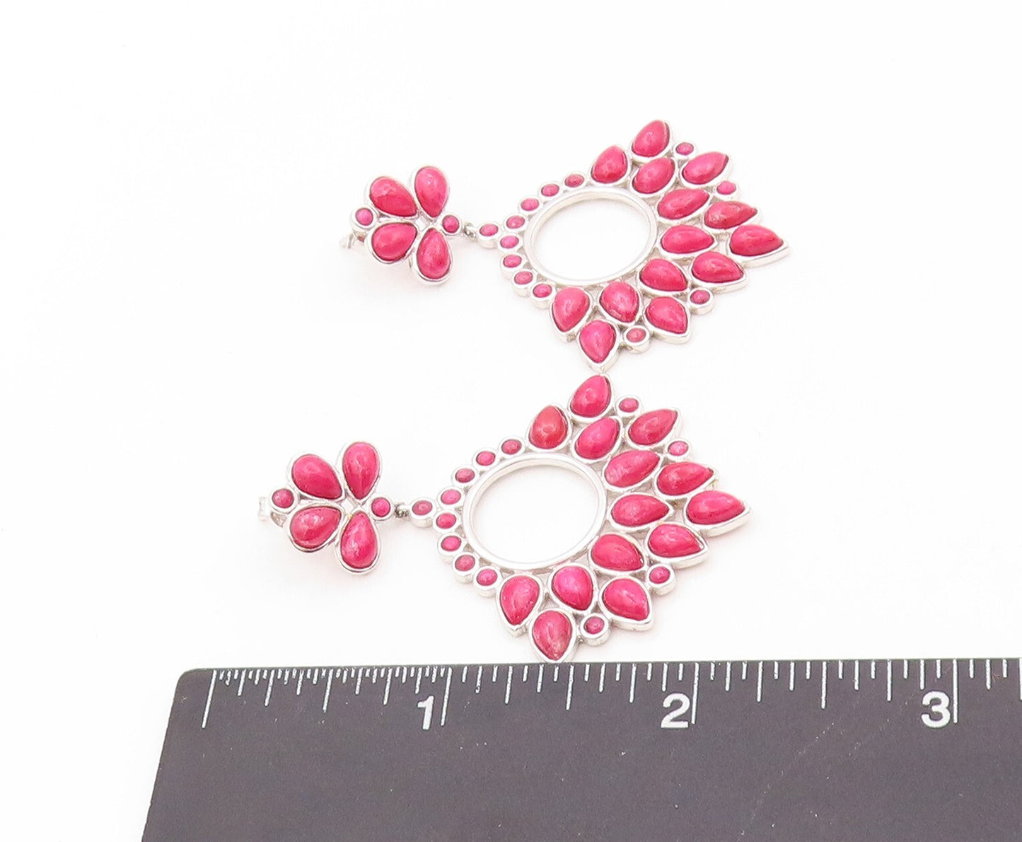925 Sterling Silver Vintage Earrings Drop Round Cabochon Ruby Chandelier EG13409