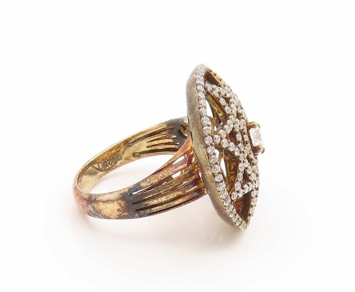 925 Sterling Silver Vintage Ring Gold Plated Floral Circle Band  Sz 7.5  RG35226