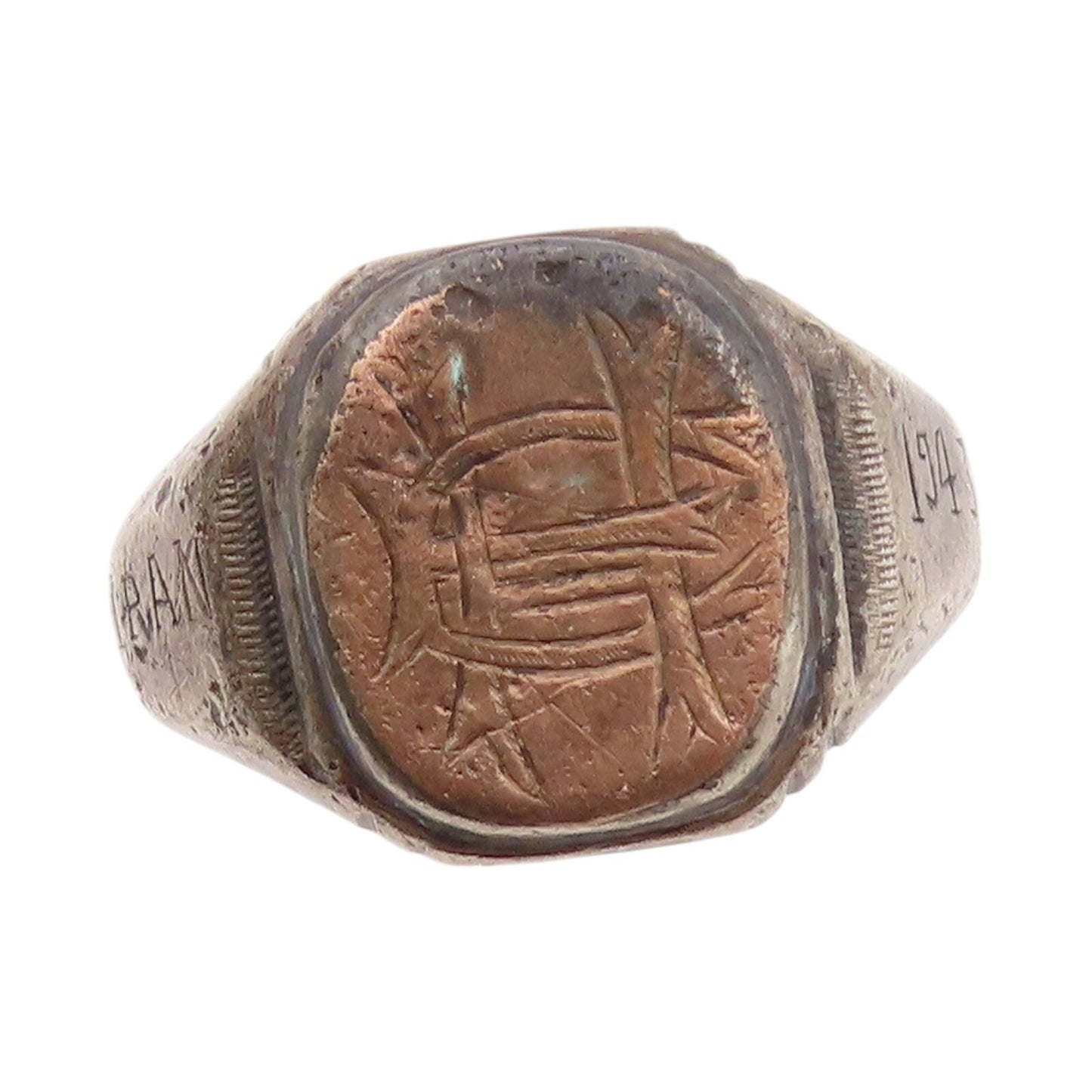 925 Sterling Silver Vintage Ring 1943 Antique Dark Tone Etched  SZ 8.5  RG32098