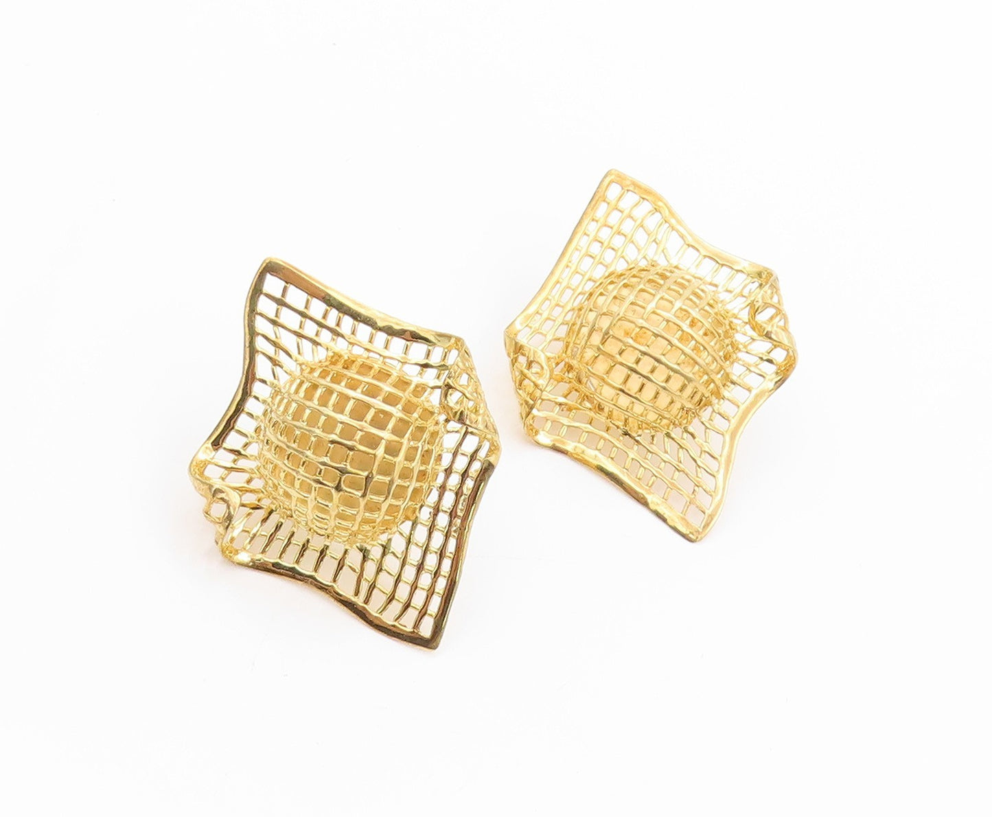925 Sterling Silver Vintage Earrings Gold Plated Designer Mesh & Sphere  EG13514