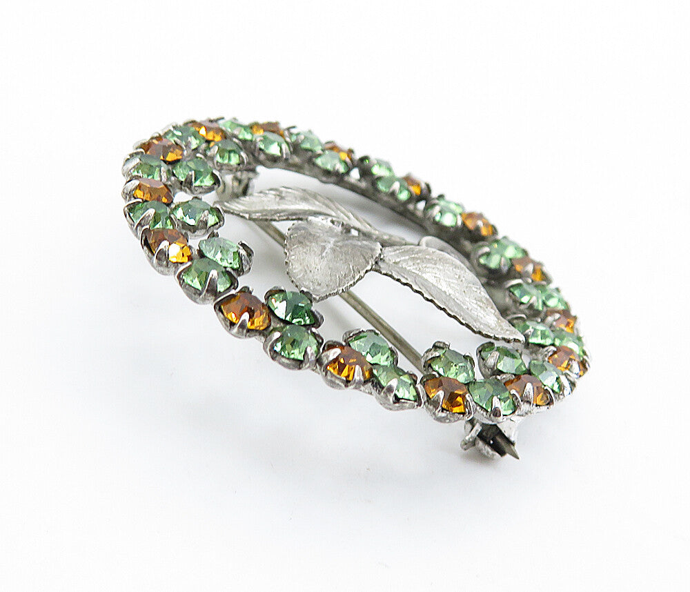AM CO. 925 Silver  Vintage Citrine & Peridot Floral Leaf Brooch Pin  BP2825