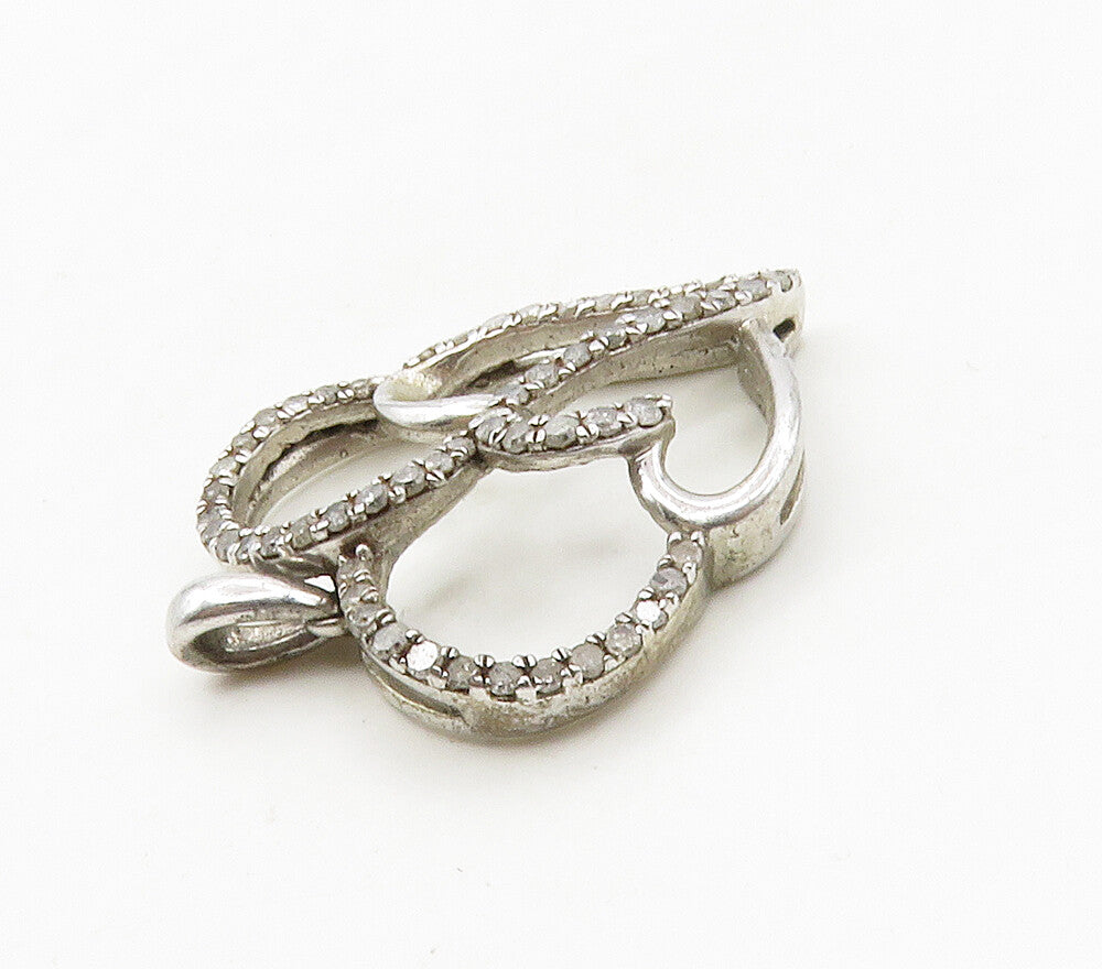 925 Sterling Silver  Shiny Genuine Diamonds Open Love Hearts Pendant  PT12974