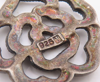 925 Sterling Silver  Vintage Oxidized Open Flower Motif Drop Pendant  PT8598