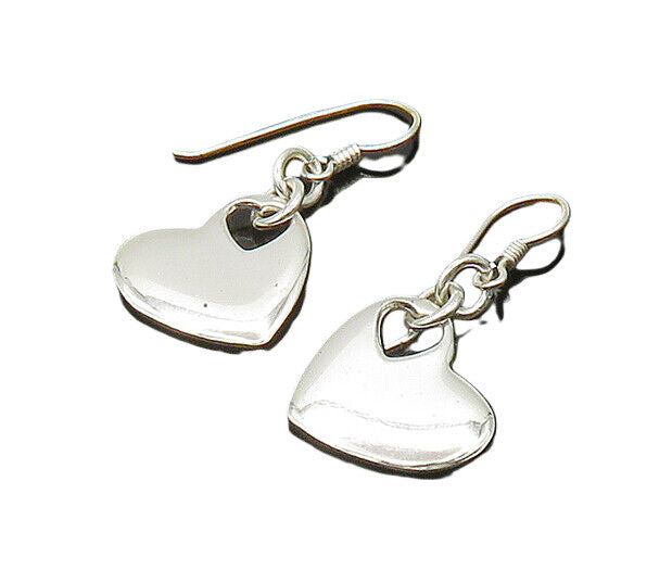 925 Sterling Silver  Vintage Shiny Smooth Love Heart Dangle Earrings  EG10749
