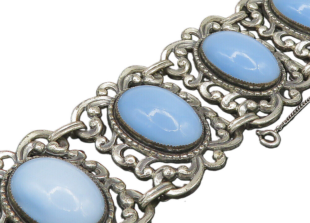 DANECRAFT 925 Sterling Silver  Vintage Blue Glass Swirl Chain Bracelet  BT9171