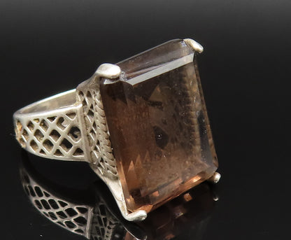 925 Silver Vintage Square Smoky Quartz Open Pattern Band Ring Sz 7.5  RG25394