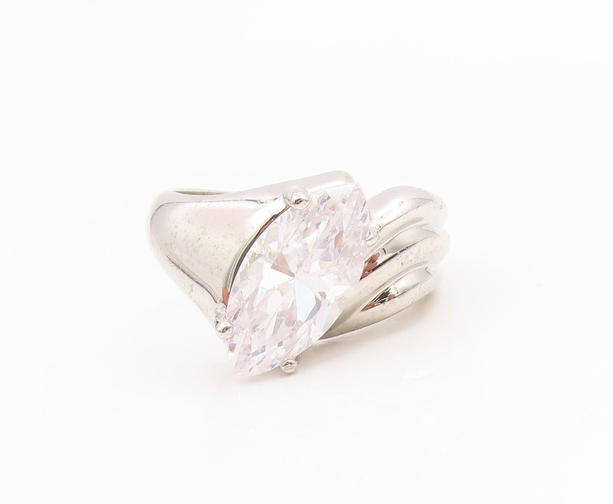 925 Sterling Silver Vintage Ring Marquise Cut CZ Ribbed Wave Band  Sz 7  RG35762