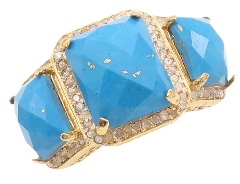 925 Sterling Silver Vintage Ring Gold Plated Diamonds &Turquoise  Sz 7.5 RG29242