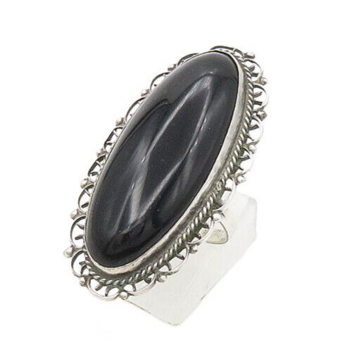 MEXICO 925 Sterling Silver Vintage Black Onyx Oblong Cocktail Ring Sz 8  RG17500