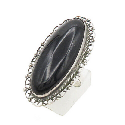 MEXICO 925 Sterling Silver Vintage Black Onyx Oblong Cocktail Ring Sz 8  RG17500
