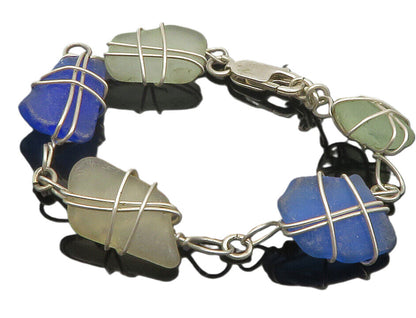 925 Sterling Silver  Wire Wrapped Blue & White Quartz Chain Bracelet  BT4748