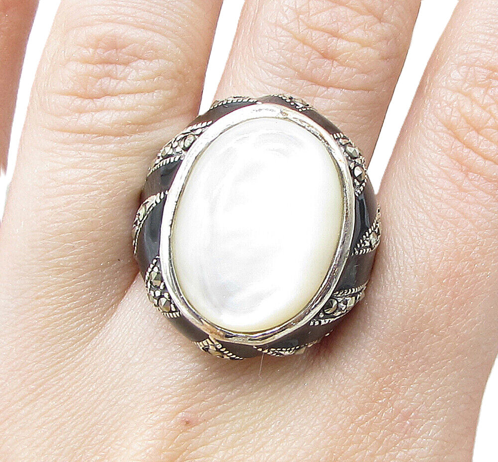 925 Sterling Silver  Bezel Set Opal & Marcasite Cocktail Ring Sz 9  RG1565