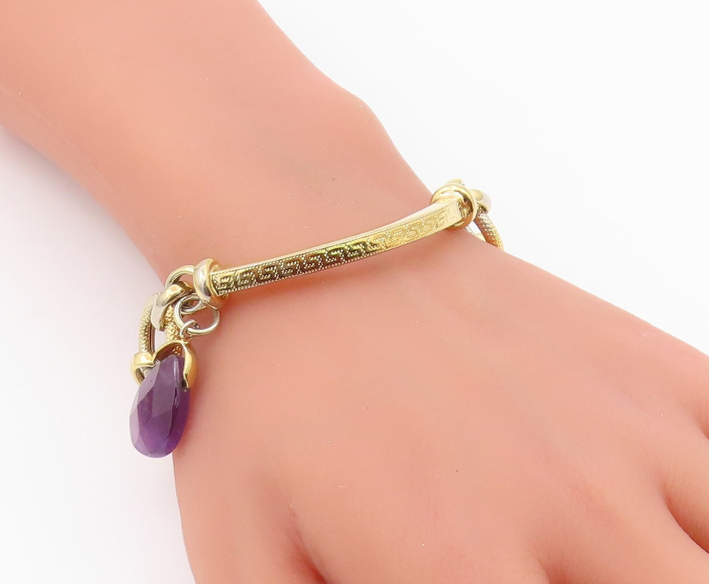 925 Sterling Silver  Amethyst Gold Plated Greek Key Chain Bracelet  BT5607
