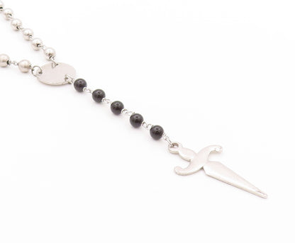 925 Sterling Silver Vintage Necklace Onyx & Linked Beads Dancing Figure  NE4565