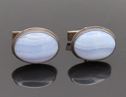 925 Sterling Silver  Vintage Minimalist Oval Blue Lace Agate Cufflinks  TR3553