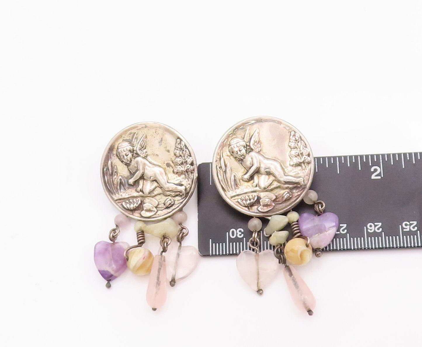 925 Sterling Silver Vintage Earrings FMW Flying Angle Dangling Gemstones EG12979