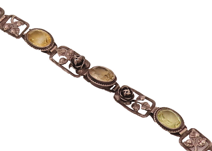 GERMANY 925 Silver  Vintage Rose & Leaf stencil Cutout Citrine Bracelet BT9839