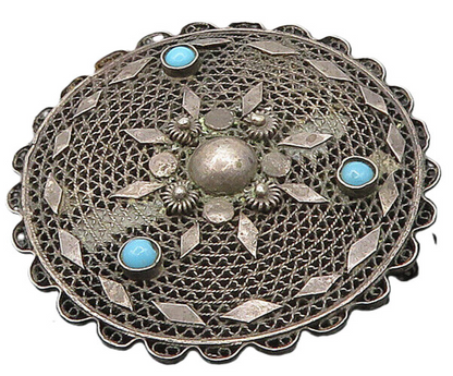 ISRAEL 925 Silver  Vintage Antique Turquoise Floral Pattern Brooch Pin  BP7687