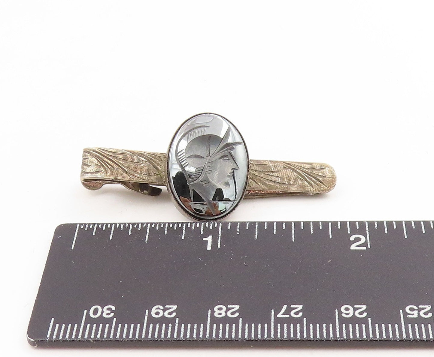 925 Sterling Silver Vintage Tie Clip Carved Hematite Greek Soldier Motif  TR4186