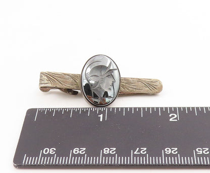 925 Sterling Silver Vintage Tie Clip Carved Hematite Greek Soldier Motif  TR4186