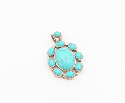 925 Sterling Silver Vintage Pendant Oval Cabochon Turquoise Flower  PT24312