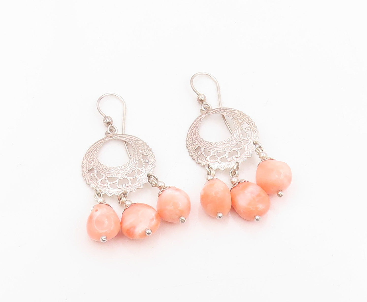 925 Sterling Silver Vintage Earrings POLAND Peach Gemstone Chandelier  EG13991