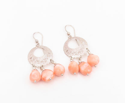 925 Sterling Silver Vintage Earrings POLAND Peach Gemstone Chandelier  EG13991