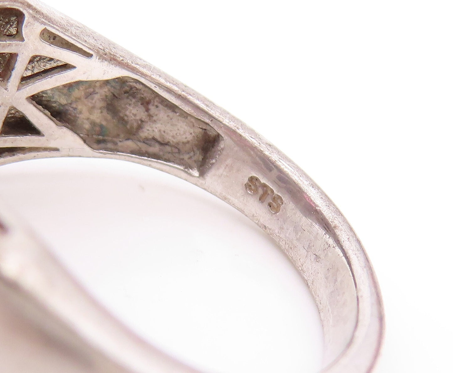 925 Sterling Silver Vintage Ring Rectangle Marble White & Pink CZ  Sz 8  RG31886