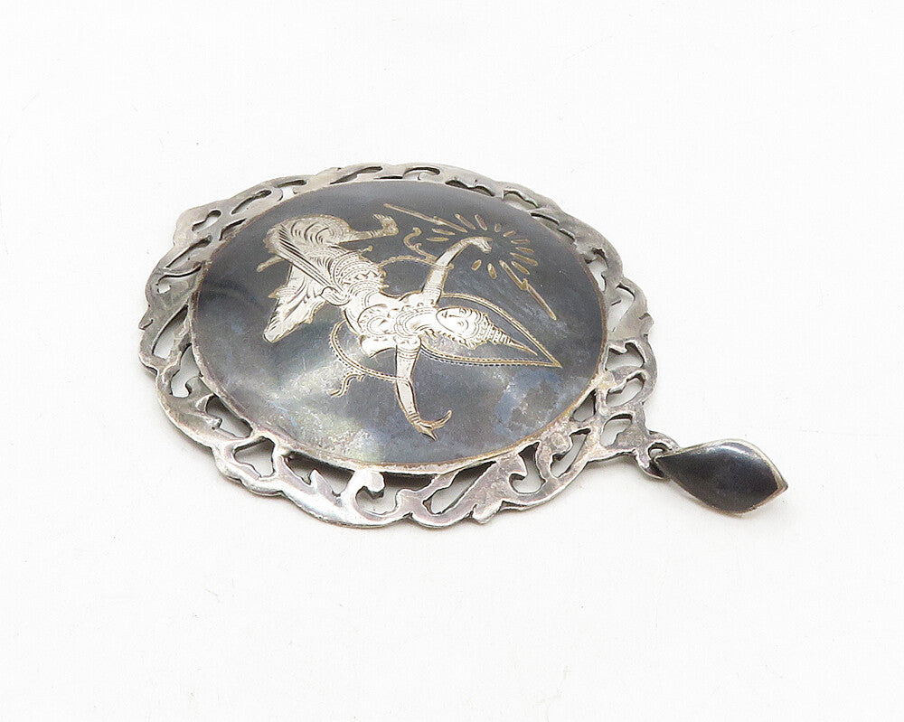 SIAM 925 Sterling Silver  Vintage Enamel Niello Dancer Swirl Pendant  PT7470