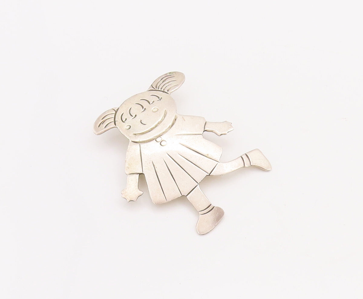 925 Sterling Silver Vintage Brooch Pin MEXICO Solid Etched Cartoon Girl  BP11062