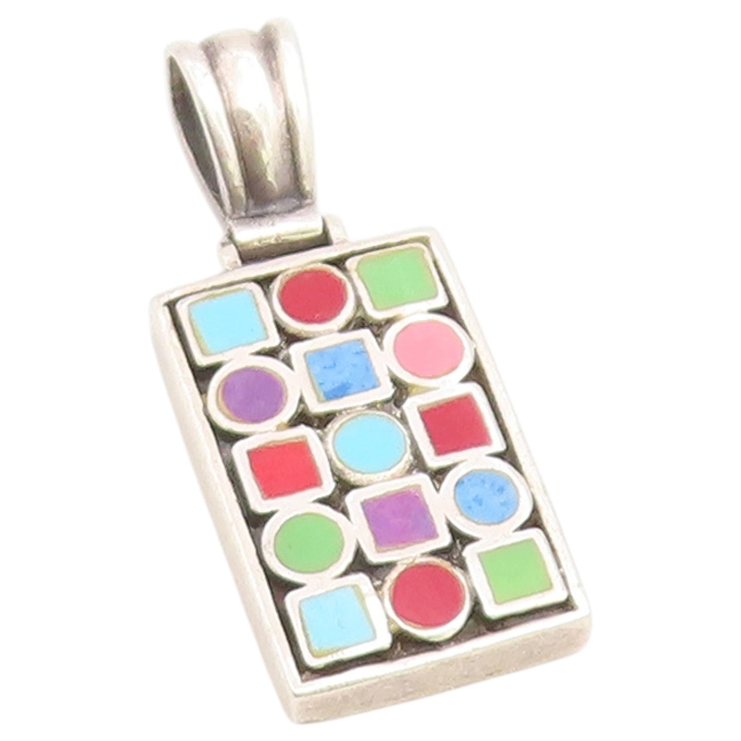 925 Sterling Silver Vintage Pendant Multi Gemstone Geometric Grid Charm  PT26526