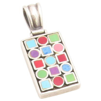 925 Sterling Silver Vintage Pendant Multi Gemstone Geometric Grid Charm  PT26526