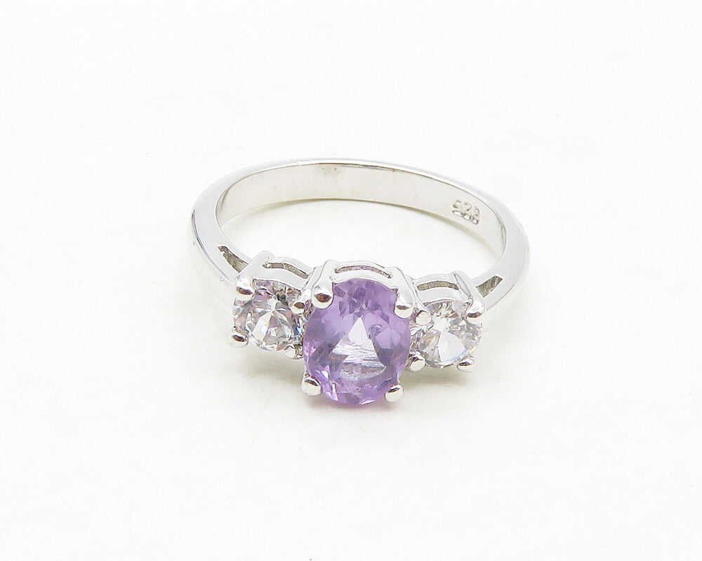 925 Sterling Silver  Shiny Amethyst & Cubic Zirconia Band Ring Sz 6  RG17361