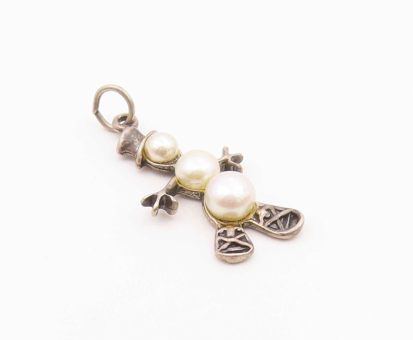 925 Sterling Silver  Vintage Cultured Pearls Carved Snowman Pendant  PT20304