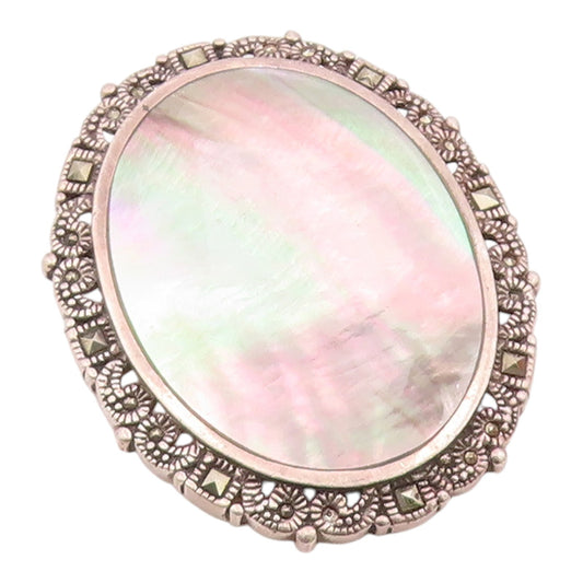 925 Sterling Silver Vintage Abalone Shell & Marcasite Oval Brooch Pin BP3017