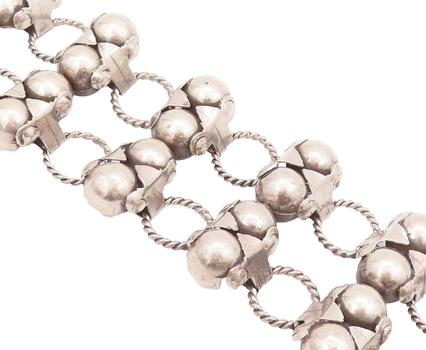 925 Sterling Silver Vintage Bracelet TAXCO Puffed Beaded Ring Links  BT10399