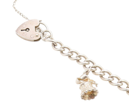 925 Sterling Silver Vintage Bracelet ENGLAND Heart Padlock & Bell Charm  BT11444