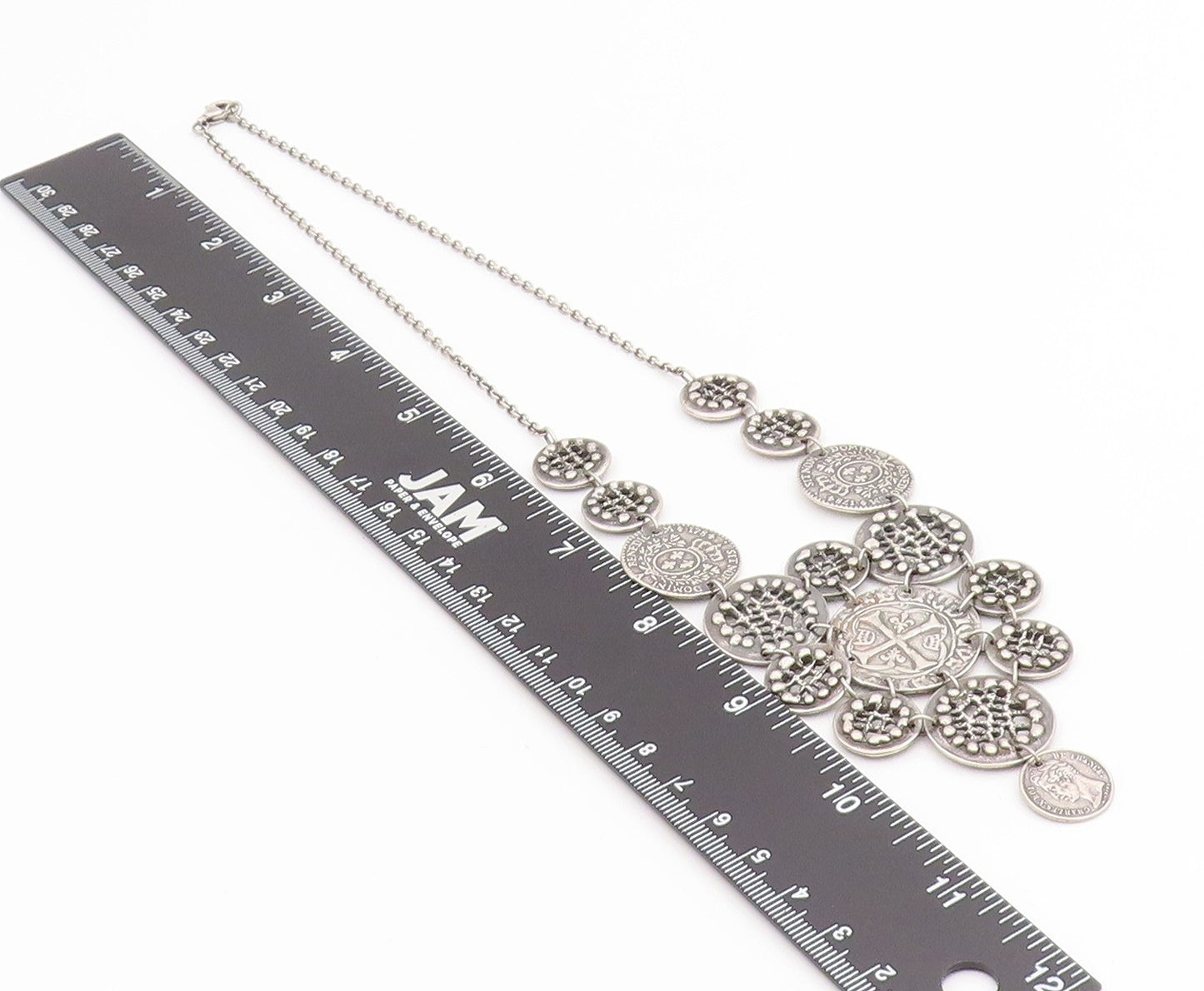 925 Sterling Silver Vintage Necklace Antique Treasure Coin Openwork Disc  NE4719