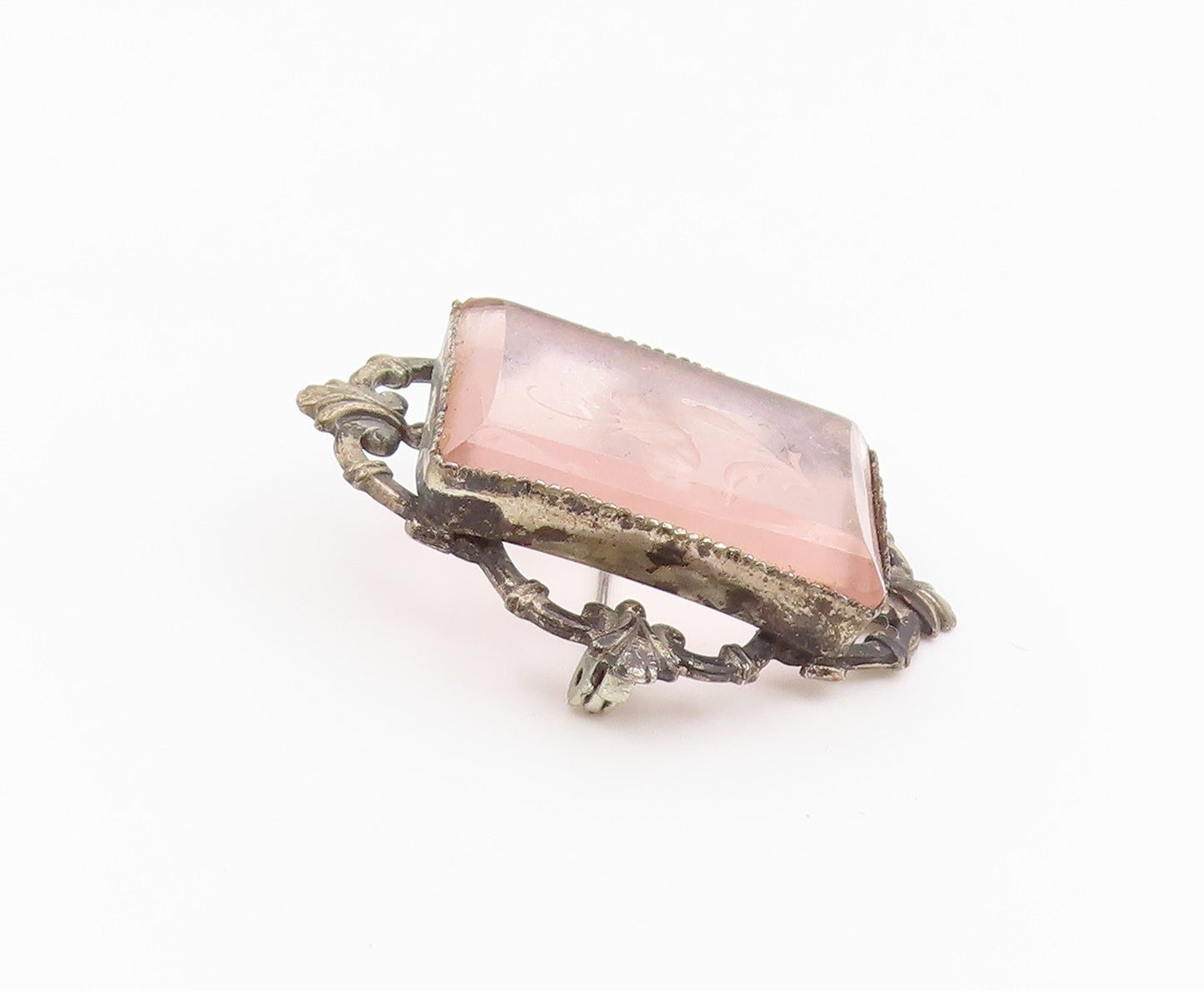 925 Sterling Silver Vintage Brooch Pin Rose Quartz Carved Floral Frame  BP12632