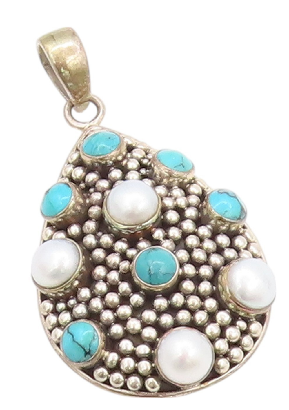 925 Sterling Silver Vintage Pendant Drop Shape Round Pearls & Turquoise  PT24065