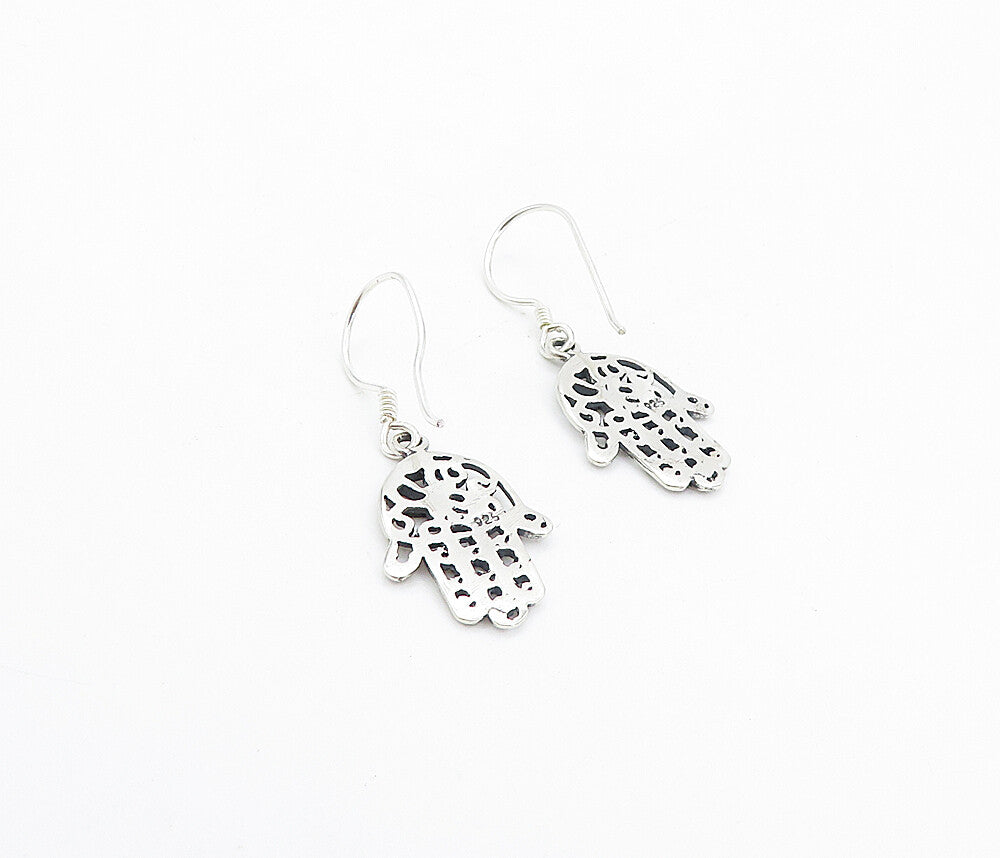 925 Sterling Silver  Shiny Om Spiritual Symbol Hamsa Dangle Earrings  EG3245
