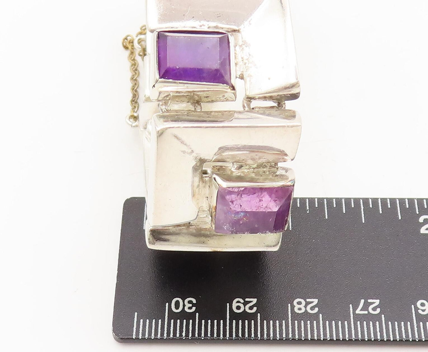 925 Sterling Silver Vintage Bracelet MEXICO Brutalist Carved Amethyst  BT10229