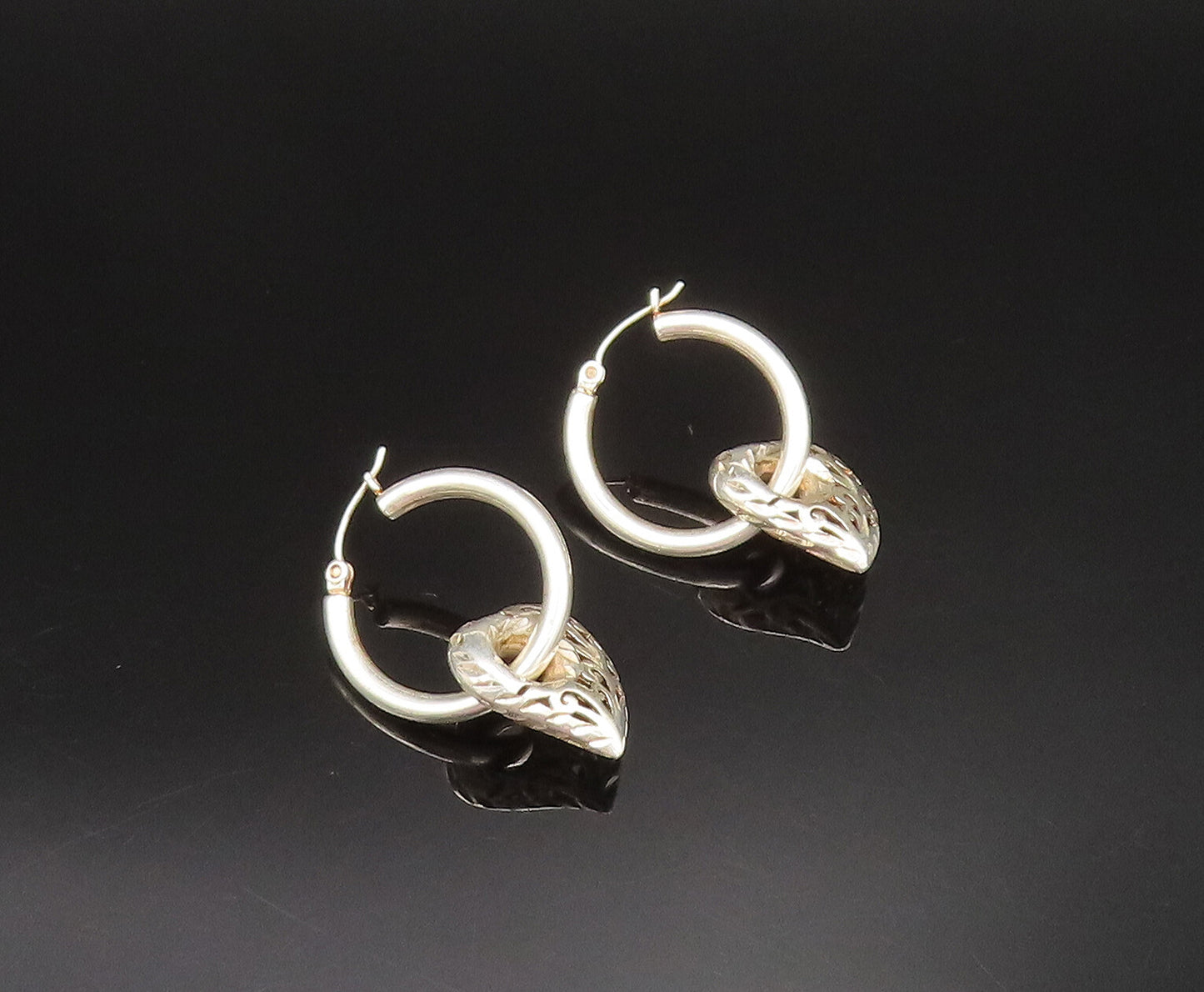 925 Sterling Silver  Vintage Scroll Love Heart Charm Hoop Earrings  EG11910
