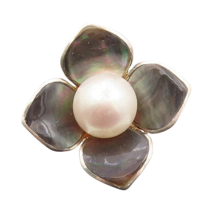 925 Sterling Silver Vintage Ring Pearl Abalone Cutout Flower  SZ 10  RG32147