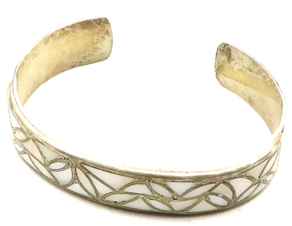 ZUNI 925 Sterling Silver  Vintage Inlaid Agate Pattern Cuff Bracelet  BT4414